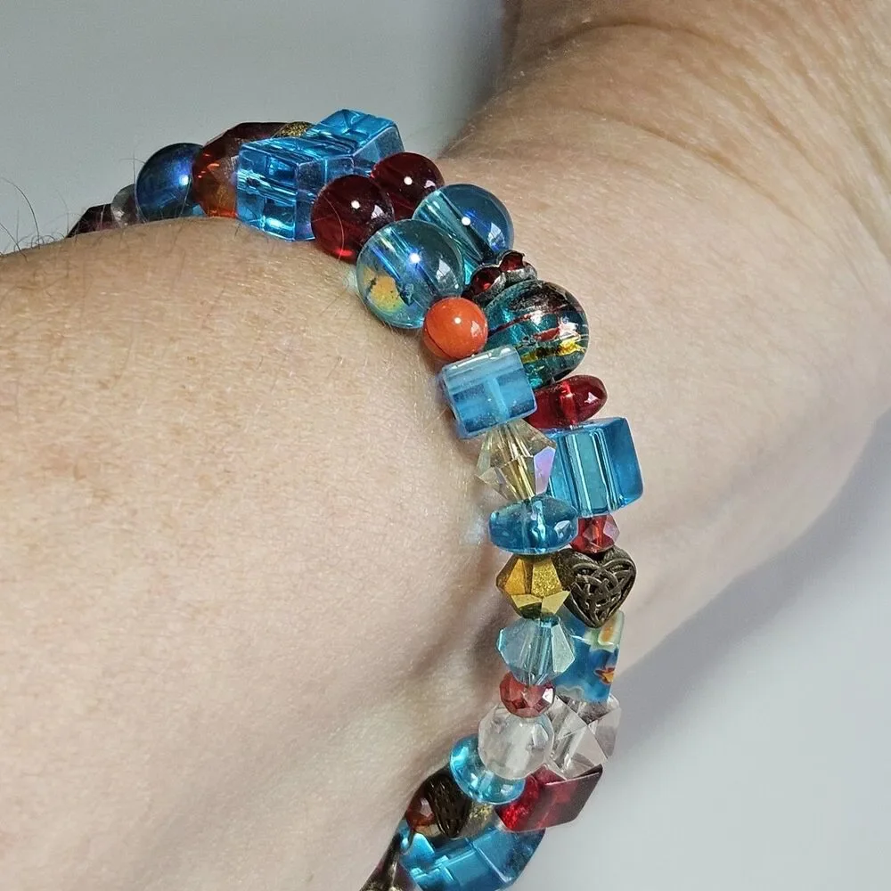 Blue Red Gold Tone Glass Beaded Wrap Bracelet